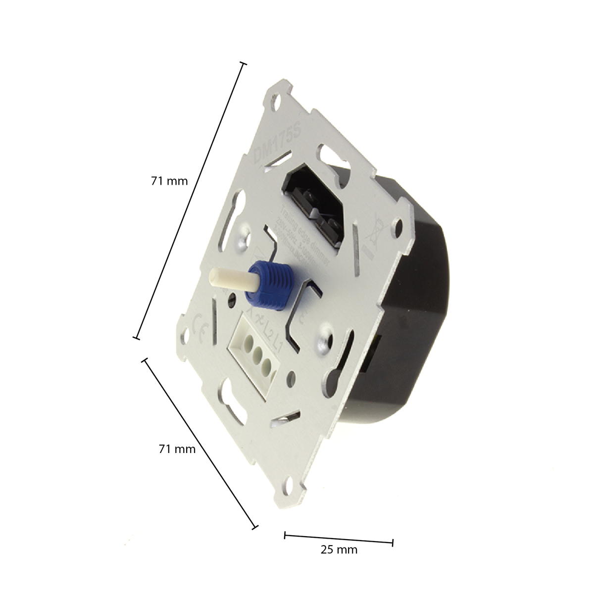 LED Dimmer 3-100W, afmetingen 71 x 71 x 25 mm