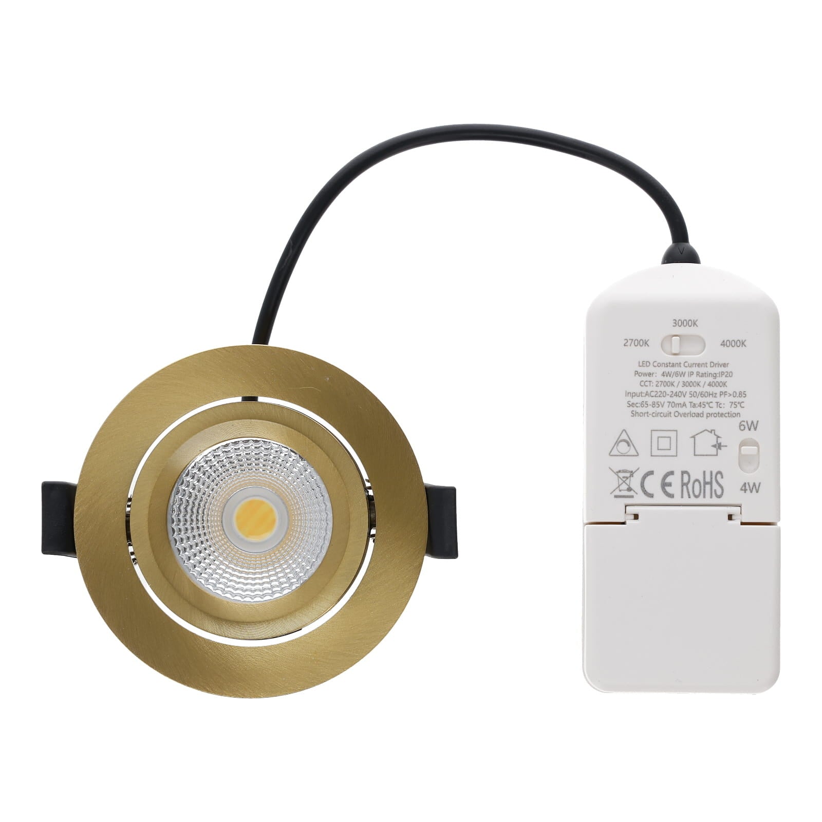 LED Inbouwspot Lesto | Dimbaar | IP65 | 4W/6W | CCT Switch (2700K/3000K/4000K) | Zaagmaat: Ø68-75 mm | Inbouwdiepte: 29 mm | Goud