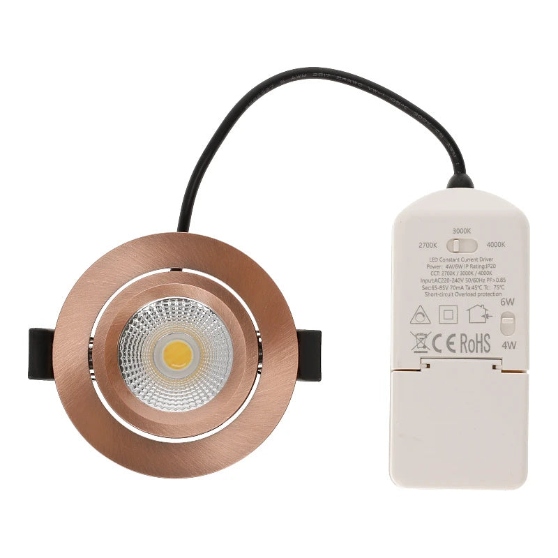 LED Inbouwspot Lesto | Dimbaar | IP65 | 4W/6W | CCT Switch (2700K/3000K/4000K) | Zaagmaat: Ø68-75 mm | Inbouwdiepte: 29 mm | Koper