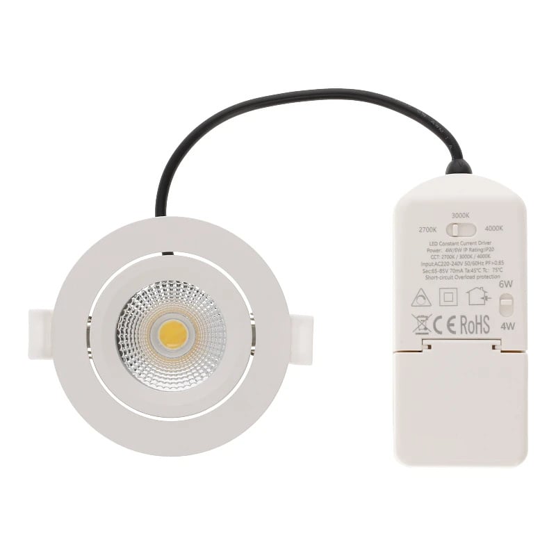 LED Inbouwspot Lesto | Dimbaar | IP65 | 4W/6W | CCT Switch (2700K/3000K/4000K) | Zaagmaat: Ø68-75 mm | Inbouwdiepte: 26 mm | Mat Wit
