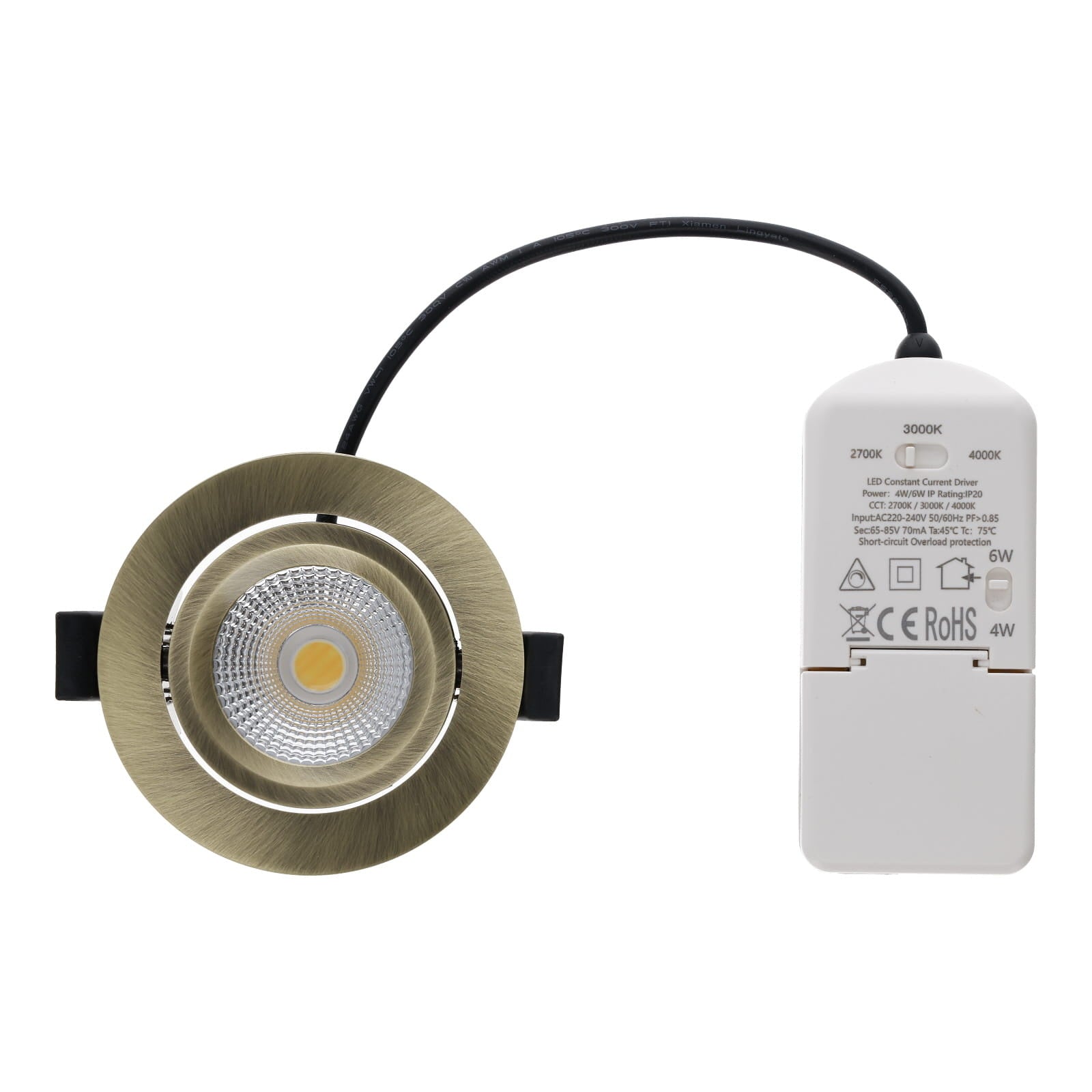 LED Inbouwspot Lesto | Dimbaar | IP65 | 4W/6W | CCT Switch (2700K/3000K/4000K) | Zaagmaat: Ø68-75 mm | Inbouwdiepte: 29 mm | Satin Metallic