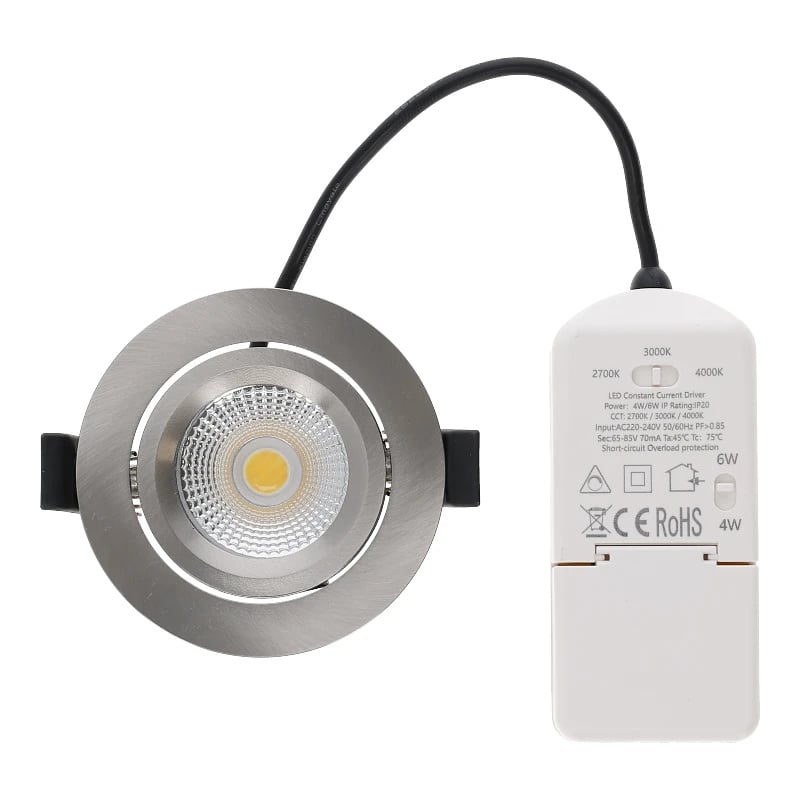 LED Inbouwspot Lesto | Dimbaar | IP65 | 4W/6W | CCT Switch (2700K/3000K/4000K) | Zaagmaat: Ø68-75 mm | Inbouwdiepte: 29 mm | Zilver